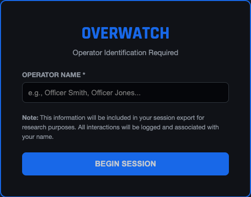 OVERWATCH operator login screen