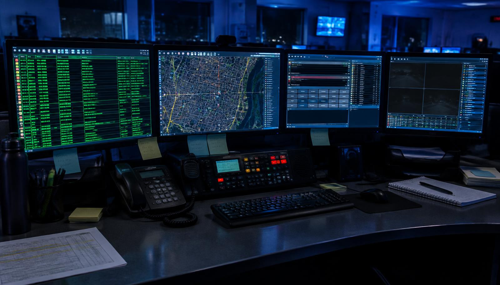 Concept: a dispatcher's fragmented workstation with separate CAD, radio and map screens
