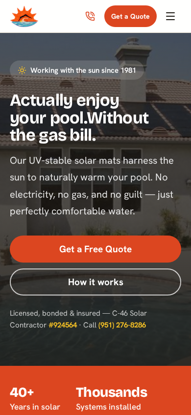 Mobile view of the launched Solar Pool Services Inc. homepage